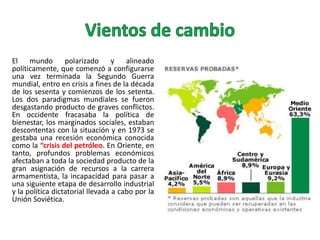 El mundo polarizado y alineado
políticamente, que comenzó a configurarse
una vez terminada la Segundo Guerra
mundial, entro en crisis a fines de la década
de los sesenta y comienzos de los setenta.
Los dos paradigmas mundiales se fueron
desgastando producto de graves conflictos.
En occidente fracasaba la política de
bienestar, los marginados sociales, estaban
descontentas con la situación y en 1973 se
gestaba una recesión económica conocida
como la “crisis del petróleo. En Oriente, en
tanto, profundos problemas económicos
afectaban a toda la sociedad producto de la
gran asignación de recursos a la carrera
armamentista, la incapacidad para pasar a
una siguiente etapa de desarrollo industrial
y la política dictatorial llevada a cabo por la
Unión Soviética.

 