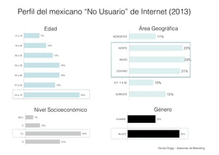 Nicola Origgi – Asesorías de Marketing
Perﬁl del mexicano “No Usuario” de Internet (2013)
Edad Área Geográﬁca
Nivel Socioe...