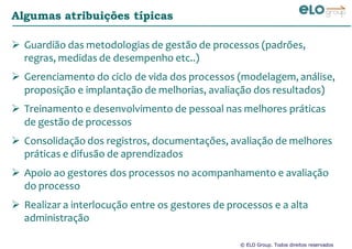 © ELO Group. Todos direitos reservados
Algumas atribuições típicas
Guardião das metodologias de gestão de processos (padrões,
regras, medidas de desempenho etc..)
Gerenciamento do ciclo de vida dos processos (modelagem, análise,
proposição e implantação de melhorias, avaliação dos resultados)
Treinamento e desenvolvimento de pessoal nas melhores práticas
de gestão de processos
Consolidação dos registros, documentações, avaliação de melhores
práticas e difusão de aprendizados
Apoio ao gestores dos processos no acompanhamento e avaliação
do processo
Realizar a interlocução entre os gestores de processos e a alta
administração
 