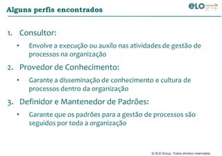 © ELO Group. Todos direitos reservados
Alguns perfis encontrados
1. Consultor:
• Envolve a execução ou auxílo nas atividades de gestão de
processos na organização
2. Provedor de Conhecimento:
• Garante a disseminação de conhecimento e cultura de
processos dentro da organização
3. Definidor e Mantenedor de Padrões:
• Garante que os padrões para a gestão de processos são
seguidos por toda a organização
 