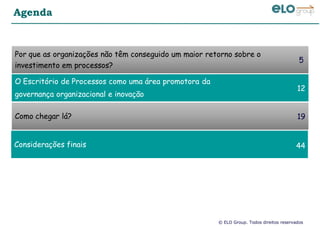 © ELO Group. Todos direitos reservados
Agenda
Por que as organizações não têm conseguido um maior retorno sobre o
investimento em processos?
O Escritório de Processos como uma área promotora da
governança organizacional e inovação
5
12
Como chegar lá? 19
Considerações finais 44
 