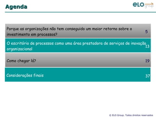 Agenda Porque as organizações não tem conseguido um maior retorno sobre o investimento em processos? O escritório de processos como uma área prestadora de serviços de inovação organizacional 5 13 Como chegar lá? 19 Considerações finais 37 