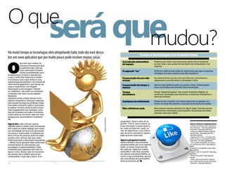 O
que será que mudou na
natureza humana para que
o supérfluo seja cada vez
mais valorizado? Existem
muitas possibilidades para
fortalecermos os laços e discutirmos
o que é realmente essencial à existên-
cia humana, mas o que vemos é uma
superexposição pessoal e um volume de
informações gigantesco, que apesar de
rasas e superficiais, nos afogam.
Associados a uma imagem “fofinha”
ou “polêmica”, são esses os conteúdos
campeões nas redes sociais digitais.
Reinando
absolutos neste cenário temos os fes-
tejados infográficos. Pesquisa realizada
pela equipe do blog Social Media Today
traz dados concretos sobre o que todos
já sabiam: as fotos ainda proporcionam
mais engajamento que qualquer outro
tipo de conteúdo nas redes. Os leitores
online estão se tornando cada vez mais
preguiçosos, acomodados e imediatis-
tas.
Agora sim, cabe retomar aquela
reflexão sobre o modo como as pessoas
têm usado as mídias digitais para expor
sua intimidade em busca da aprovação
da massa e, quem sabe, a conquista da
fama virtual. As pessoas usam as redes
sociais como vitrines das suas vidas.
Estão buscando a felicidade instantânea
– reflexo dessa geração hiperconectada,
bombardeada de informações que
privilegiam a superficialidade. Estão
revelando seus segredos sem nem se
darem conta. Abrem mão do momento
de estarem sós e refletir, para ai sim
compartilhar o que vale a pena. Já se
seráqueO que
mudou?Há muito tempo as tecnologias vêm atropelando tudo, todo dia você desco-
bre um novo aplicativo que por muito pouco pode resolver muitas coisas
Como a tecnologia nos transformou
A produção automática
do espaço
O segundo “eu”
Preservação da sua vida
virtual
Compressão do tempo e
espaço
Tempo
simultâneo
Ambientedeintimidade
Não refletimos mais
Podemos por tudo o que quisermos dentro de um pendrive
ou tirar tudo o que quisermos de dentro do computador, é só
imprimir.
Perfis em redes sociais estão ali, disponíveis para que as pessoas
interajam com eles, mesmo você não estando lá.
Da mesma forma que faz com sua vida real, você preserva
rigidamente suas atividades e identidade online.
Não há mais distância entre um ponto e outro. Todos podem
estar conectados sem precisar haver locomoção.
Somos “paleontologistas” das nossas memórias digitais, ca-
vando por mensagens que deixamos, e-mails que mandamos e
fotos que tiramos.
Podemos nos conectar com quem quisermos a qualquer mo-
mento. Se fosse fisicamente, a sala que você está ficaria lotada.
Não estamos apenas sentados em algum lugar. Estamos perma-
nentemente conectados e preocupados. As pessoas não estão
parando mais para refletir.
perguntou: “Qual o valor do se-
gredo?”. Pois é, esse numeral, se
é que ele existe, é muito particu-
lar, cada um deve ser capaz, ou
não, de determinar o seu. Fato é
que ele já foi colocado à venda e
sabe-se lá por qual valor.
Agora a pergunta é outra:
somos vítimas e nos tornamos
produtos online por pura ingenui-
dade, ou temos nossa parcela
de culpa por “ligarmos o piloto
automático” sem fazer questão
da reflexão individual? Reflita: se
você é o que compartilha, que tal
dar uma olhada na sua timeline?
Você se encontra ali?
Fontes e leituras complementares
- Estudos de Amber Case: “Somos to-
dos ciborgues” - http://goo.gl/hgChg;
entrevista - http://goo.gl/eLZm2.
- Estudos de Mark Sapwell: matérias
relacionadas - http://goo.gl/27JlC /
http://goo.gl/jJh1j.
- Augusto de Franco - “A origem das
redes sociais é a sociedade humana”:
entrevista - http://goo.gl/6MepV.
- “Faz sentido mergulhar de cabeça
em uma piscina rasa?”: http://goo.gl/
l8sRL.
- Pesquisa Social Media Today: http://
goo.gl/3jyhs.
- “Qual o valor do segredo”: http://goo.
gl/Y6HzS.
-“100% conectado”: http://goo.gl/
pweG5.
- Vídeo “Desconecte para conectar” -
para refletir sobre essa tal civilização
“ciborgue”: http://goo.gl/K2uIL.28 ELO
Imagens:DepositPhotos
 