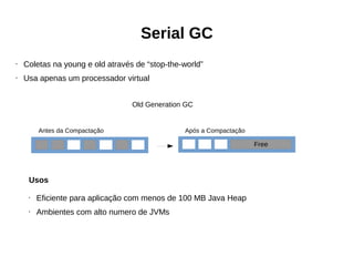 Serial GC 
• Coletas na young e old através de “stop-the-world” 
• Usa apenas um processador virtual 
Old Generation GC 
Free 
Antes da Compactação Após a Compactação 
Usos 
• Eficiente para aplicação com menos de 100 MB Java Heap 
• Ambientes com alto numero de JVMs 
 