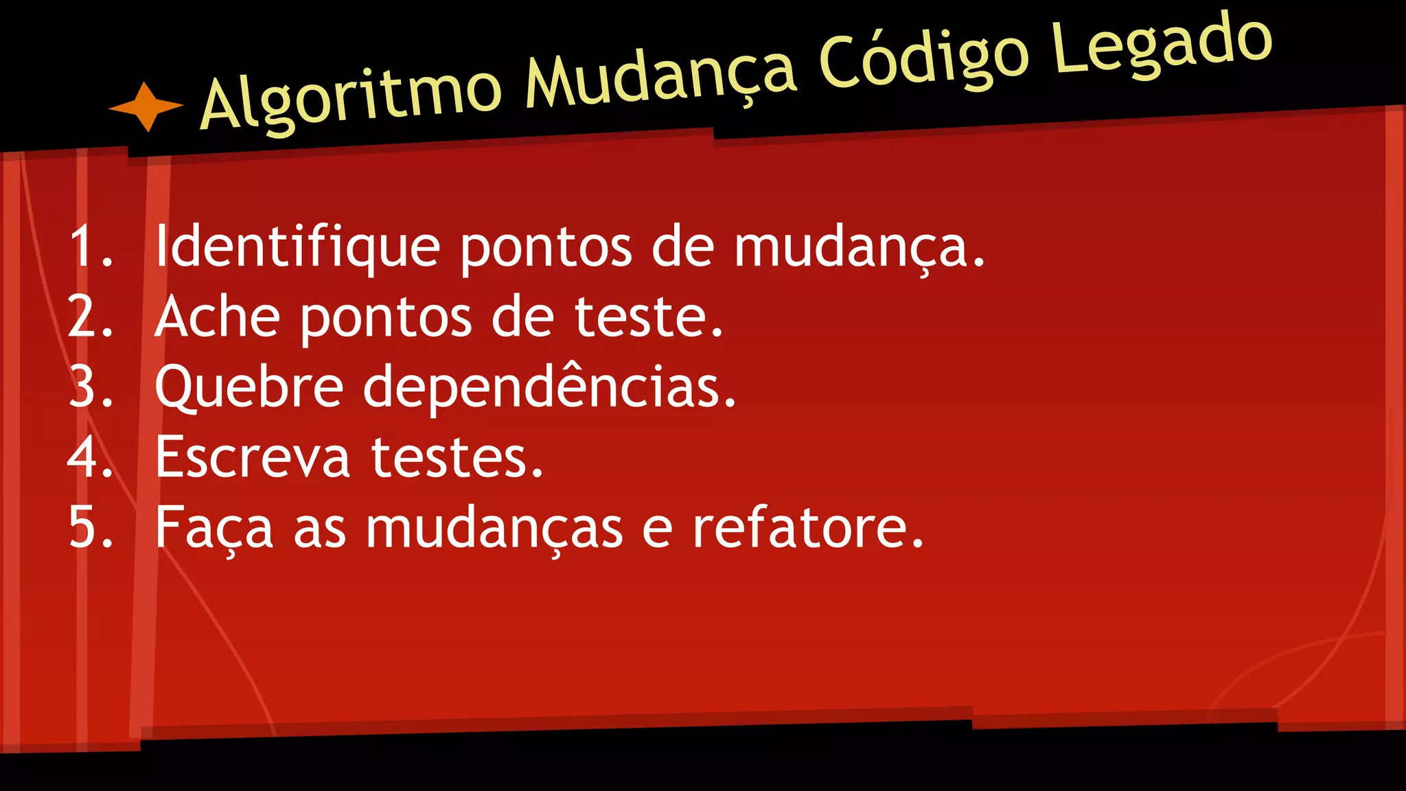 Algoritmo Mudança Código Legado
1. Identifique pontos de mudança.
2. Ache pontos de teste.
3. Quebre dependências.
4. Escreva testes.
5. Faça as mudanças e refatore.
 