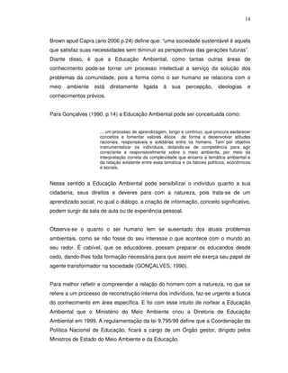 14



Brown apud Capra (ano 2006 p.24) define que: “uma sociedade sustentável é aquela
que satisfaz suas necessidades sem diminuir as perspectivas das gerações futuras”.
Diante disso, é que a Educação Ambiental, como tantas outras áreas de
conhecimento pode-se tornar um processo intelectual a serviço da solução dos
problemas da comunidade, pois a forma como o ser humano se relaciona com o
meio   ambiente    está   diretamente     ligada    à   sua    percepção,      ideologias     e
conhecimentos prévios.


Para Gonçalves (1990, p.14) a Educação Ambiental pode ser conceituada como:


                     ... um processo de aprendizagem, longo e contínuo, que procura esclarecer
                     conceitos e fomentar valores éticos de forma a desenvolver atitudes
                     racionais, responsáveis e solidárias entre os homens. Tem por objetivo
                     instrumentalizar os indivíduos, dotando-se de competência para agir
                     consciente e responsavelmente sobre o meio ambiente, por meio da
                     interpretação correta da complexidade que encerra a temática ambiental e
                     da relação existente entre essa temática e os fatores políticos, econômicos
                     e sociais.


Nesse sentido a Educação Ambiental pode sensibilizar o indivíduo quanto a sua
cidadania, seus direitos e deveres para com a natureza, pois trata-se de um
aprendizado social, no qual o diálogo, a criação de informação, conceito significativo,
podem surgir da sala de aula ou de experiência pessoal.


Observa-se o quanto o ser humano tem se ausentado dos atuais problemas
ambientais, como se não fosse do seu interesse o que acontece com o mundo ao
seu redor. É cabível, que os educadores, possam preparar os educandos desde
cedo, dando-lhes toda formação necessária para que assim ele exerça seu papel de
agente transformador na sociedade (GONÇALVES, 1990).


Para melhor refletir e compreender a relação do homem com a natureza, no que se
refere a um processo de reconstrução interna dos indivíduos, faz-se urgente a busca
do conhecimento em área específica. E foi com esse intuito de nortear a Educação
Ambiental que o Ministério do Meio Ambiente criou a Diretoria de Educação
Ambiental em 1999. A regulamentação da lei 9.795/99 define que a Coordenação da
Política Nacional de Educação, ficará a cargo de um Órgão gestor, dirigido pelos
Ministros de Estado do Meio Ambiente e da Educação.
 