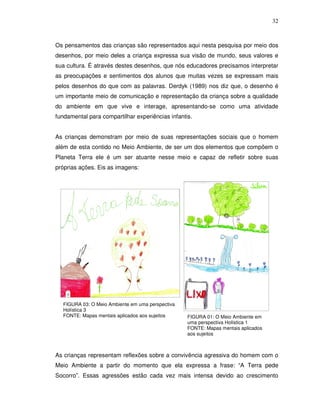 32



Os pensamentos das crianças são representados aqui nesta pesquisa por meio dos
desenhos, por meio deles a criança expressa sua visão de mundo, seus valores e
sua cultura. É através destes desenhos, que nós educadores precisamos interpretar
as preocupações e sentimentos dos alunos que muitas vezes se expressam mais
pelos desenhos do que com as palavras. Derdyk (1989) nos diz que, o desenho é
um importante meio de comunicação e representação da criança sobre a qualidade
do ambiente em que vive e interage, apresentando-se como uma atividade
fundamental para compartilhar experiências infantis.


As crianças demonstram por meio de suas representações sociais que o homem
além de esta contido no Meio Ambiente, de ser um dos elementos que compõem o
Planeta Terra ele é um ser atuante nesse meio e capaz de refletir sobre suas
próprias ações. Eis as imagens:




  FIGURA 03: O Meio Ambiente em uma perspectiva
  Holística 3
  FONTE: Mapas mentais aplicados aos sujeitos     FIGURA 01: O Meio Ambiente em
                                                  uma perspectiva Holística 1
                                                  FONTE: Mapas mentais aplicados
                                                  aos sujeitos



As crianças representam reflexões sobre a convivência agressiva do homem com o
Meio Ambiente a partir do momento que ela expressa a frase: “A Terra pede
Socorro”. Essas agressões estão cada vez mais intensa devido ao crescimento
 