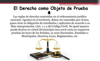 El Derecho como Objeto de Prueba
Las reglas de derecho contenidas en el ordenamiento jurídico
nacional, vigentes en el territorio, deben ser conocidas por el juez,
quien tiene la obligación de estudiarlas y aplicarlas de acuerdo a su
libre interpretación. (Art. 1 y 2 del Código Civil). De igual manera
puede decirse en virtud del principio iura novit curia no requieren
pruebas las leyes de los Estados, ya sean Nacionales, Estadales o
Municipales, Decretos Leyes, Reglamentos, etc.
 