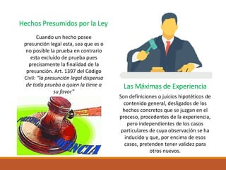 Las Máximas de Experiencia
Cuando un hecho posee
presunción legal esta, sea que es o
no posible la prueba en contrario
esta excluido de prueba pues
precisamente la finalidad de la
presunción. Art. 1397 del Código
Civil: “la presunción legal dispensa
de toda prueba a quien la tiene a
su favor”
Hechos Presumidos por la Ley
Son definiciones o juicios hipotéticos de
contenido general, desligados de los
hechos concretos que se juzgan en el
proceso, procedentes de la experiencia,
pero independientes de los casos
particulares de cuya observación se ha
inducido y que, por encima de esos
casos, pretenden tener validez para
otros nuevos.
 