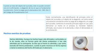 Cuando se trata del objeto de la prueba, éste no puede consistir
sino en la afirmación, o alegación de los en que se fundamenta
la pretensión, Como lo exige para la demanda el Art. 340, Ord. 5
del Código de Procedimiento Civil.
Existe normalmente, una identificación de principio entre el
objeto de la prueba y el objeto de la alegación, así como existe
una estrecha correlación entre la carga de la alegación y la carga
de la prueba, conforme al conocido principio según el cual, para
demostrar un hecho en el proceso es menester haberlo
afirmado, sea el actor en la demanda, o bien el demandado en
la contestación.
Hechos exentos de pruebas
Hechos Admitidos: Aunque los hechos hayan sido afirmados o articulados en
la de manda, ellos no forman parte del thema probandum si han sido
admitidos por la contraparte. Se dice que el hecho es admitido, y por tanto,
excluido del thema probandum, cuando la parte reconoce en forma expresa
o tácita la existencia del hecho afirmado por el adversario.
 