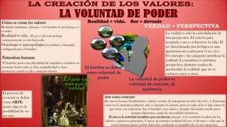 Realidad = vida. Ser = devenir
VERDAD = PERSPECTIVA
Cómo se crean los valores
Realidad cambiante, informe → el hombre le da formas, es
creador.
Realidad  vida. El ser es devenir porque
constantemente se está haciendo.
Ontología  antropología: la realidad es formada,
configurada por el hombre.
Naturaleza humana
El hombre posee una pluralidad de impulsos e instintos en
constante lucha entre sí. Esta multiplicidad se hace
apariencia cuando se fija y niega las demás.
Arte como creación:
De nuevas formas (instituciones, valores, modos de interpretar la vida y de vivir...). Funciona
como en la naturaleza (physis), que es siempre lo mismo, pero en cada ciclo es algo nuevo lo
que viene a la existencia. Así, el hombre crea valores, siempre del mismo modo pero
siempre diferentes, según las necesidades históricas.
El arte es la actividad metafísica por excelencia, porque es la actividad creadora de los
valores y primeros principios. Conoce la auténtica realidad del ser: el devenir, y sabe que la
razón humana jamás podrá abarcarlo, totalizarlo ni simplificarlo en sus categorías.
La verdad es sólo la consolidación de
una perspectiva. El criterio para
aceptarla o no es si favorece la vida. El
ser determinado por la lógica es una
apariencia necesaria para el ser vivo.
El concepto y las categorías petrifican la
realidad. La metáfora es auténtica
perspectiva: distintos modos de
aprehender la realidad, que no se
excluyen unos a otros.
El arte vale
más que la
verdad
El proceso de
creación se define
como ARTE:
poner algo en la
posibilidad de ser
un ente.
La voluntad de poder es
voluntad de creación, de
apariencia
El hombre se define
como voluntad de
poder.
 