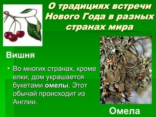 О традициях встречи
          Нового Года в разных
              странах мира


Вишня
 Во многих странах, кроме
  елки, дом украшается
  букетами омелы. Этот
  обычай происходит из
  Англии.
                             Омела
 