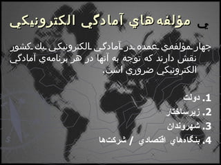    مؤلفه‌هاي آمادگي الكترونيكي چهار مؤلفه‌ي عمده در آمادگي الكترونيكي يك كشور نقش دارند كه توجه به آنها در هر برنامه‌ي آمادگي الكترونيكي ضروري است . 1.  دولت 2.  زيرساختار 3.  شهروندان 4.  بنگاه‌هاي اقتصادي  /  شركت‌ها 