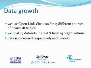 Data growth
 we use Open Link Virtuoso for 15 different sources
of nearly 1B triples
 we host 27 datasets in CKAN from 1...