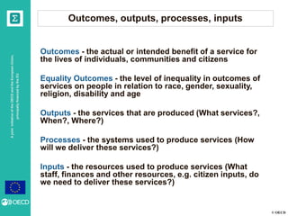 © OECD
AjointinitiativeoftheOECDandtheEuropeanUnion,
principallyfinancedbytheEU
Outcomes, outputs, processes, inputs
Outcomes - the actual or intended benefit of a service for
the lives of individuals, communities and citizens
Equality Outcomes - the level of inequality in outcomes of
services on people in relation to race, gender, sexuality,
religion, disability and age
Outputs - the services that are produced (What services?,
When?, Where?)
Processes - the systems used to produce services (How
will we deliver these services?)
Inputs - the resources used to produce services (What
staff, finances and other resources, e.g. citizen inputs, do
we need to deliver these services?)
 