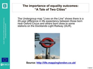 © OECD
AjointinitiativeoftheOECDandtheEuropeanUnion,
principallyfinancedbytheEU
The importance of equality outcomes:
“A Tale of Two Cities”
The Undergroup map “Lives on the Line” shows there is a
20-year difference in life expectancy between those born
near Oxford Circus and others born close to some
stations on the Docklands Light Railway (DLR).
Source: http://life.mappinglondon.co.uk/
 