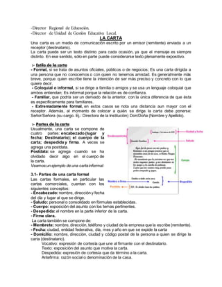 -Director Regional de Educación.
-Director de Unidad de Gestión Educativa Local.
LA CARTA
Una carta es un medio de comunicación escrito por un emisor (remitente) enviada a un
receptor (destinatario).
La carta puede ser un texto distinto para cada ocasión, ya que el mensaje es siempre
distinto. En ese sentido, sólo en parte puede considerarse texto plenamente expositivo.
2- Estilo de la carta
- Formal, si se trata de asuntos oficiales, públicos o de negocios; Es una carta dirigida a
una persona que no conocemos o con quien no tenemos amistad. Es generalmente más
breve, porque quien escribe tiene la intención de ser más preciso y concreto con lo que
quiere decir.
- Coloquial o informal, si se dirige a familia o amigos y se usa un lenguaje coloquial que
ambos entiendan; Es informal porque la relación es de confianza.
- Familiar, que podría ser un derivado de la anterior, con la única diferencia de que ésta
es específicamente para familiares.
- Extremadamente formal, en estos casos se nota una distancia aun mayor con el
receptor. Además, al momento de colocar a quién se dirige la carta debe ponerse:
Señor/Señora (su cargo. Ej.: Directora de la Institución) Don/Doña (Nombre y Apellido).
3- Partes de la carta
Usualmente, una carta se compone de
cuatro partes: encabezado (lugar y
fecha; Destinatario); el cuerpo de la
carta; despedida y firma. A veces se
agrega una postdata.
Postdata: se agrega cuando se ha
olvidado decir algo en el cuerpo de
la carta.
Veamos un ejemplo de una cartainformal:
3.1- Partes de una carta formal
Las cartas formales, en particular las
cartas comerciales, cuentan con los
siguientes conceptos:
- Encabezado:nombre, dirección y fecha
del día y lugar al que se dirige.
- Saludo: personal o consolidado en fórmulas establecidas.
- Cuerpo: exposición del asunto con los temas pertinentes.
- Despedida: el nombre en la parte inferior de la carta.
- Firma clara.
La carta también se compone de:
- Membrete:nombre, dirección, teléfono y ciudad de la empresa que la escribe (remitente).
- Fecha: ciudad, entidad federativa, día, mes y año en que se expide la carta
- Domicilio: nombre, dirección, ciudad y código postal de la persona a quien se dirige la
carta (destinatario).
Vocativo: expresión de cortesía que une al firmante con el destinatario.
Texto: exposición del asunto que motiva la carta.
Despedida: expresión de cortesía que da término a la carta.
Antefirma: razón social o denominación de la casa.
 