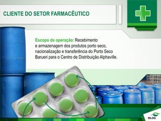 CLIENTE DO SETOR FARMACÊUTICO
Escopo da operação: Recebimento
e armazenagem dos produtos porto seco,
nacionalização e transferência do Porto Seco
Barueri para o Centro de Distribuição Alphaville.
 