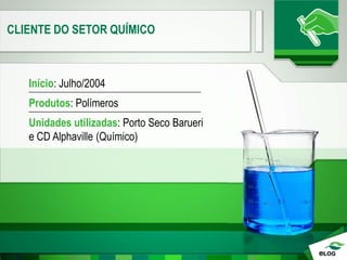 CLIENTE DO SETOR QUÍMICO
Início: Julho/2004
Produtos: Polímeros
Unidades utilizadas: Porto Seco Barueri
e CD Alphaville (Químico)
 