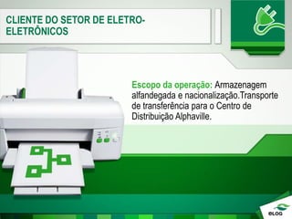 Escopo da operação: Armazenagem
alfandegada e nacionalização.Transporte
de transferência para o Centro de
Distribuição Alphaville.
CLIENTE DO SETOR DE ELETRO-
ELETRÔNICOS
 