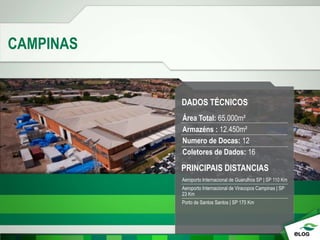 CAMPINAS
DADOS TÉCNICOS
Área Total: 65.000m²
Armazéns : 12.450m²
Numero de Docas: 12
Coletores de Dados: 16
PRINCIPAIS DISTANCIAS
Aeroporto Internacional de Guarulhos SP | SP 110 Km
Aeroporto Internacional de Viracopos Campinas | SP
23 Km
Porto de Santos Santos | SP 175 Km
 