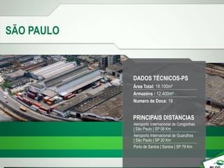 SÃO PAULO
PRINCIPAIS DISTANCIAS
Aeroporto Internacional de Congonhas
| São Paulo | SP 08 Km
Aeroporto Internacional de Guarulhos
| São Paulo | SP 20 Km
Porto de Santos | Santos | SP 79 Km
DADOS TÉCNICOS-PS
Área Total: 18.100m²
Armazéns : 12.400m²
Numero de Doca: 19
 