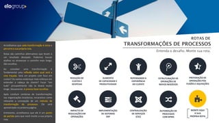 REDUÇÃO DE
CUSTOS E
DESPESAS
AUMENTO
DE CAPACIDADE E
PRODUTIVIDADE
REPENSANDO A
EXPERIÊNCIA
DO CLIENTE
IMPACTO DE
REGULAÇÕES EM
OPERAÇÕES
IMPLEMENTAÇÃO
DE SISTEMAS
ERP
CENTRALIZAÇÃO
DE SERVIÇOS
(CSC)
Acreditamos que cada transformação é única e
percorre a sua própria rota.
Rotas são caminhos alternativos que levam à
um resultado desejado. Podemos buscar
atalhos ou atravessar o caminho mais longo.
São escolhas.
Ao conceber uma transformação é
fundamental uma reflexão sobre qual será a
rota traçada. Será um projeto com foco em
custos? Ou vamos endereçar mais esforços em
entender a cabeça do cliente? Focar “em
tudo” provavelmente não te levará muito
longe. Novamente: é preciso fazer escolhas.
Após conduzir centenas de transformações
nas organizações brasileiras, encaramos como
relevante a concepção de um método de
transformação de processos. Ele será
apresentado na próxima página.
Entretanto, acreditamos que ele é um ponto
de partida para que você monte a sua própria
rota.
ESTRUTURAÇÃO DE
OPERAÇÕES DE
NOVOS NEGÓCIOS
AUTOMAÇÃO DE
PROCESSOS
COM BPMS
PREPARAÇÃO DE
OPERAÇÕES PÓS
FUSÕES E AQUISIÇÕES
MONTE AQUI
A SUA
PRÓPRIA ROTA
 