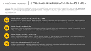 INSIGHTS EM PROCESSOS PRODUTIVOS
Incorporação de práticas Lean Six Sigma de maneira acessível e visual atuando nos seguintes desafios de um ambiente produtivo: análise do fluxo de materiais, gestão de
refugo, pontos de gargalo, pontos de retrabalho, análise de desperdícios, gestão de fornecedores e estoques.
Transformar dados brutos em conhecimento para a tomada de decisão. Como colocar em prática? Com o monitoramento em atividade, o desafio passa a ser o que fazer com tantas
informações. Como analisá-las? Como torná-las palatáveis aos gestores? Inicialmente, a simples exposição dos dados a partir de estatística descritiva simples é suficiente. Entretanto,
entendemos que existe um arsenal de técnicas que podem ser exploradas no intuito de analisar grandes massas de dados e gerar insights interessantes para a operação.
RESULTADOS ESPERADOS
INSIGHTS EM PROCESSOS INTENSOS EM CONTATO COM O CLIENTE
Análises agrupadas por segmentos de clientes a fim de compreender nível de serviço e lealdade do cliente; previsão de demanda do consumidor, insights para fidelização
de clientes, identificação de clientes mais lucrativos, identificação de falhas no ciclo de gestão do pedido, gestão de reclamações, previsão de vendas e outros.
INSIGHTS EM PROCESSOS DE GESTÃO DE PESSOAS
Destaque para esportes como futebol, atletismo e tênis na gestão de indicadores dos atletas. No mundo corporativo, o desafio é extrair esse aprendizado para a
mensuração do desempenho individual das pessoas, otimização de alocação de força de trabalho e gestão de talentos.
INSIGHTS EM PROCESSOS DE SEGMENTOS ESPECÍFICOS
No setor de serviços financeiros, há aplicações de analytics para a detecção de fraudes, análise de reclamações, precificação e análise de rentabilidade de clientes. Outros
exemplos podem ser dados para os setores de transporte, saúde, energia, comunicações e outros.
 