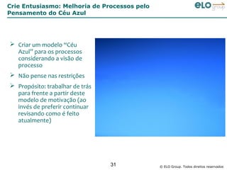 Crie Entusiasmo: Melhoria de Processos pelo
Pensamento do Céu Azul




 Criar um modelo “Céu
  Azul” para os processos
  considerando a visão de
  processo
 Não pense nas restrições
 Propósito: trabalhar de trás
  para frente a partir deste
  modelo de motivação (ao
  invés de preferir continuar
  revisando como é feito
  atualmente)




                                 31           © ELO Group. Todos direitos reservados
 
