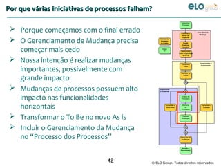 Por que várias iniciativas de processos falham?

  Porque começamos com o final errado
  O Gerenciamento de Mudança precisa
   começar mais cedo
  Nossa intenção é realizar mudanças
   importantes, possivelmente com
   grande impacto
  Mudanças de processos possuem alto
   impacto nas funcionalidades
   horizontais
  Transformar o To Be no novo As is
  Incluir o Gerenciamento da Mudança
   no “Processo dos Processos”


                                42            © ELO Group. Todos direitos reservados
 