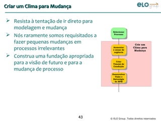 Criar um Clima para Mudança

 Resista à tentação de ir direto para
  modelagem e mudança
                                           Selecionar
                                              Select
 Nós raramente somos requisitados a         Process
                                            Processo



  fazer pequenas mudanças em                              Create a Climate
                                                              Crie um
  processos irrelevantes
                                             Increase
                                           Aumentar
                                           the sense of     for Change
                                                             Clima para
                                           o senso de        Mudança
                                             urgency
                                            urgência
                                                #1
 Construa uma fundação apropriada
  para a visão de futuro e para a
                                              Build
                                              Criar
                                             Guiding
                                           Time(s) de
                                             Team(s)
                                           Condução
  mudança de processo                          #2


                                          Desenvolver
                                           Develop BPM
                                             Visão &
                                             Vision e
                                             Strategy
                                           Estratégia
                                            de #3
                                                BPM




                                           Communicate
                                            BPM Vision
                                             for buy-in
                                                 #4




                              43         © ELO Group. Todos direitos reservados
 