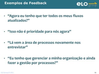 Exemplos de Feedback


   •    “Agora eu tenho que ter todos os meus fluxos
        atualizados?”

   •    “Isso não é prioridade para nós agora”

   •    “Lá vem a área de processos novamente nos
        entrevistar”

   •    “Eu tenho que gerenciar a minha organização e ainda
        fazer a gestão por processos?”

ELO Group © 2011                                          11
 
