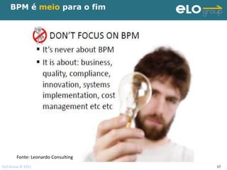 BPM é meio para o fim




       Fonte: Leonardo Consulting
ELO Group © 2011                    17
 