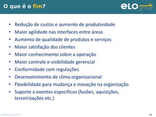 O que é o fim?


     •    Redução de custos e aumento de produtividade
     •    Maior agilidade nas interfaces entre áreas
     •    Aumento de qualidade de produtos e serviços
     •    Maior satisfação dos clientes
     •    Maior conhecimento sobre a operação
     •    Maior controle e visibilidade gerencial
     •    Conformidade com regulações
     •    Desenvolvimento de clima organizacional
     •    Flexibilidade para mudança e inovação na organização
     •    Suporte a eventos específicos (fusões, aquisições,
          terceirizações etc.)


ELO Group © 2011                                                 18
 