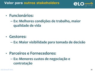 Valor para outros stakeholders



      •    Funcionários:
            – Ex: Melhores condições de trabalho, maior
              qualidade de vida


      •    Gestores:
            – Ex: Maior visibilidade para tomada de decisão


      •    Parceiros e Fornecedores:
            – Ex: Menores custos de negociação e
              contratação
ELO Group © 2011                                              38
 