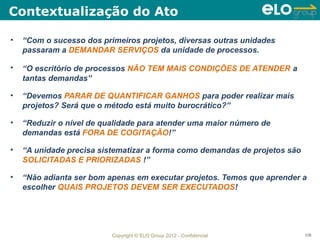 Contextualização do Ato

•   “Com o sucesso dos primeiros projetos, diversas outras unidades
    passaram a DEMANDAR SERVIÇOS da unidade de processos.

•   “O escritório de processos NÃO TEM MAIS CONDIÇÕES DE ATENDER a
    tantas demandas”

•   “Devemos PARAR DE QUANTIFICAR GANHOS para poder realizar mais
    projetos? Será que o método está muito burocrático?”

•   “Reduzir o nível de qualidade para atender uma maior número de
    demandas está FORA DE COGITAÇÃO!”

•   “A unidade precisa sistematizar a forma como demandas de projetos são
    SOLICITADAS E PRIORIZADAS !”

•   “Não adianta ser bom apenas em executar projetos. Temos que aprender a
    escolher QUAIS PROJETOS DEVEM SER EXECUTADOS!




                          Copyright © ELO Group 2012 - Confidencial         108
 