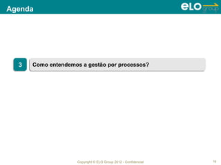Agenda

  1
  1   Visão Institucional
      Visão Institucional


  2
  2   O que não é gestão por processos
      O que não é gestão por processos


  3
  3   Como entendemos a gestão por processos?
      Como entendemos a gestão por processos?


  4
  4   Inovações
      Inovações


  5
  5   Melhorias
      Melhorias




                       Copyright © ELO Group 2012 - Confidencial   12
 