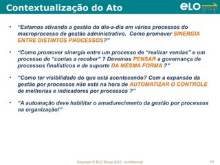 Contextualização do Ato

•   “Estamos ativando a gestão do dia-a-dia em vários processos do
    macroprocesso de gestão administrativo. Como promover SINERGIA
    ENTRE DISTINTOS PROCESSOS?”

•   “Como promover sinergia entre um processo de “realizar vendas” e um
    processo de “contas a receber” ? Devemos PENSAR a governança de
    processos finalísticos e de suporte DA MESMA FORMA ?”

•   “Como ter visibilidade do que está acontecendo? Com a expansão da
    gestão por processos não está na hora de AUTOMATIZAR O CONTROLE
    de melhorias e indicadores por processos ?”

•   “A automação deve habilitar o amadurecimento da gestão por processos
    na organização!”




                         Copyright © ELO Group 2012 - Confidencial         131
 