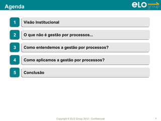 Agenda

  1
  1   Visão Institucional
      Visão Institucional


  2
  2   O que não é gestão por processos...
      O que não é gestão por processos...


  3
  3   Como entendemos a gestão por processos?
      Como entendemos a gestão por processos?


  4
  4   Como aplicamos a gestão por processos?
      Como aplicamos a gestão por processos?


  5
  5   Conclusão
      Conclusão




                       Copyright © ELO Group 2012 - Confidencial   3
 