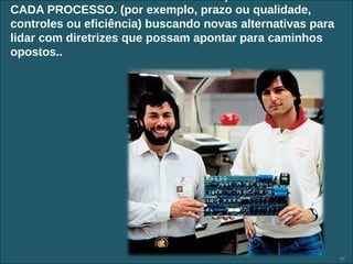 CADA PROCESSO. (por exemplo, prazo ou qualidade,
controles ou eficiência) buscando novas alternativas para
lidar com diretrizes que possam apontar para caminhos
opostos..




                   Copyright © ELO Group 2012 - Confidencial   47
 