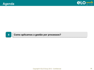 Agenda




  4
  4   Como aplicamos a gestão por processos?
      Como aplicamos a gestão por processos?




                     Copyright © ELO Group 2012 - Confidencial   60
 