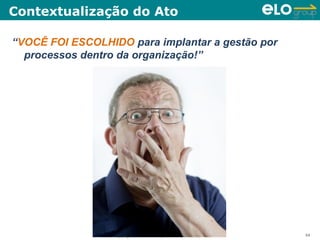 Contextualização do Ato

“VOCÊ FOI ESCOLHIDO para implantar a gestão por
  processos dentro da organização!”




                 Copyright © ELO Group 2012 - Confidencial   64
 