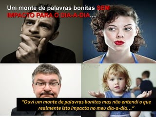 Um monte de palavras bonitas SEM
IMPACTO PARA O DIA-A-DIA....




    “Ouvi um monte de palavras bonitas mas não entendi o que
           realmente isto impacta no meu dia-a-dia...”
                  Copyright © ELO Group 2012 - Confidencial
 