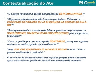 Contextualização do Ato

•   “O projeto foi ótimo! A gestão por processos ESTÁ IMPLANTADA ?”

•   “Algumas melhorias ainda não foram implantadas... Estamos na
    EXECUÇÃO DO PROJETO OU JÁ CHEGAMOS NA GESTÃO DO DIA-A-
    DIA?”

•   “Será que é o melhor momento de falar de gestores de processos ou
    SIMPLESMENTE TRAZER A VISÃO POR PROCESSOS para os gestores
    funcionais?”

•   “Como a gestão por processos pode CONTRIBUIR para que um gestor
    realize uma melhor gestão no seu dia-a-dia?”

•   “Mas, POR QUE EFETIVAMENTE DEVEMOS MUDAR o modo como a
    gestão do dia-a-dia é realizada?”

•   O escritório de processos inicia um segundo projeto piloto enquanto
    apoia a ativação da gestão do dia-a-dia no processo de compras



                          Copyright © ELO Group 2012 - Confidencial       96
 