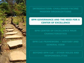 INTRODUCTION: CHALLENGES FACING
     MODERN ORGANIZATIONS


BPM GOVERNANCE AND THE NEED FOR A
      CENTER OF EXCELLENCE


  BPM CENTER OF EXCELLENCE MAIN
        CHARACTERISTICS


BPM CoE FRAMEWORK – HISTORY AND
          GENERAL VIEW


BEYOND BPM CoE – OTHER ROLES AND
        RESPONSIBILITIES
 