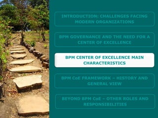 INTRODUCTION: CHALLENGES FACING
                                        MODERN ORGANIZATIONS


                                   BPM GOVERNANCE AND THE NEED FOR A
                                         CENTER OF EXCELLENCE


                                     BPM CENTER OF EXCELLENCE MAIN
                                           CHARACTERISTICS


                                   BPM CoE FRAMEWORK – HISTORY AND
                                             GENERAL VIEW


                                   BEYOND BPM CoE – OTHER ROLES AND
                                           RESPONSIBILITIES

© ELO Group all rights reserved.
 
