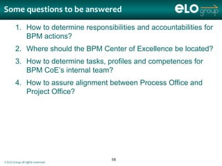 Some questions to be answered

        1. How to determine responsibilities and accountabilities for
           BPM actions?
        2. Where should the BPM Center of Excellence be located?
        3. How to determine tasks, profiles and competences for
           BPM CoE’s internal team?
        4. How to assure alignment between Process Office and
           Project Office?




                                     58
© ELO Group all rights reserved.
 