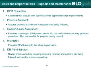 Roles and responsibilities – Support and Maintenance

 1. BPM Consultant
        • Specialist that discuss with business areas opportunities for improvements.

 2. Process Architect:
        • Assures process architecture is updated and being followed.

 3. Coach/Quality Assurance:
        • Provides coaching to BPM project teams. Do not perfom the work, only provides
          guidelines. Also responsible for projects quality control.

 4. Instructor:
        • Provides BPM training to the whole organization.

 5. DB Administrator:
        • Revise process models, assuring modeling notation and patterns are being
          folowed. Administer process repository.


                                               63
© ELO Group all rights reserved.
 