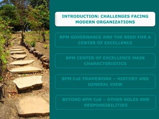 INTRODUCTION: CHALLENGES FACING
     MODERN ORGANIZATIONS


BPM GOVERNANCE AND THE NEED FOR A
      CENTER OF EXCELLENCE


  BPM CENTER OF EXCELLENCE MAIN
        CHARACTERISTICS


BPM CoE FRAMEWORK – HISTORY AND
          GENERAL VIEW


BEYOND BPM CoE – OTHER ROLES AND
        RESPONSIBILITIES
 