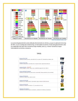 La escala del galvanómetro está calibrada directamente en ohmios, ya que en aplicación de la ley
de Ohm, al ser el voltaje de la batería fija, la intensidad circulante a través del galvanómetro sólo
va a depender del valor de la resistencia bajo medida, esto es, a menor resistencia mayor
intensidad de corriente y viceversa.

TIPOS

 